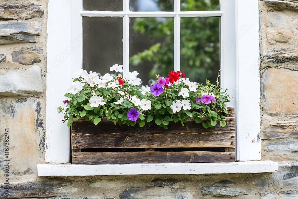 Naklejka premium Rustic window box flowers, stone house, garden view, home decor