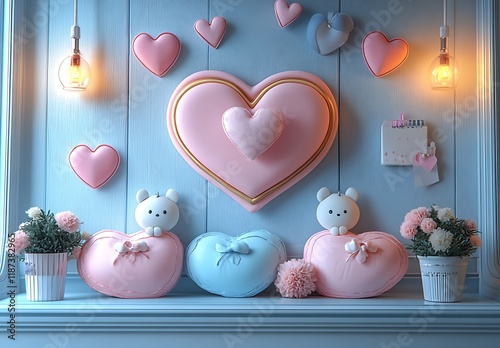 Colorful Shelf with Pink and Blue Hearts and Adorable Stuffed Animals