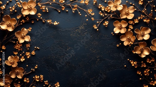 Gold flowers and berries frame dark background.