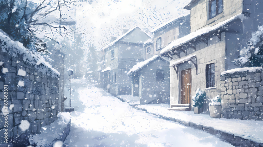 Fototapeta premium Snowy deserted street. Snowbound. Illustration