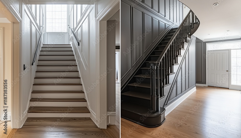 A staircase before and after being revamped, with new railings, fresh paint, and contemporary accents, enhancing the home's overall aesthetic A staircase before and after being revamped, with new railings, fresh paint, and contemporary accents, enhancing the home's overall aesthetic