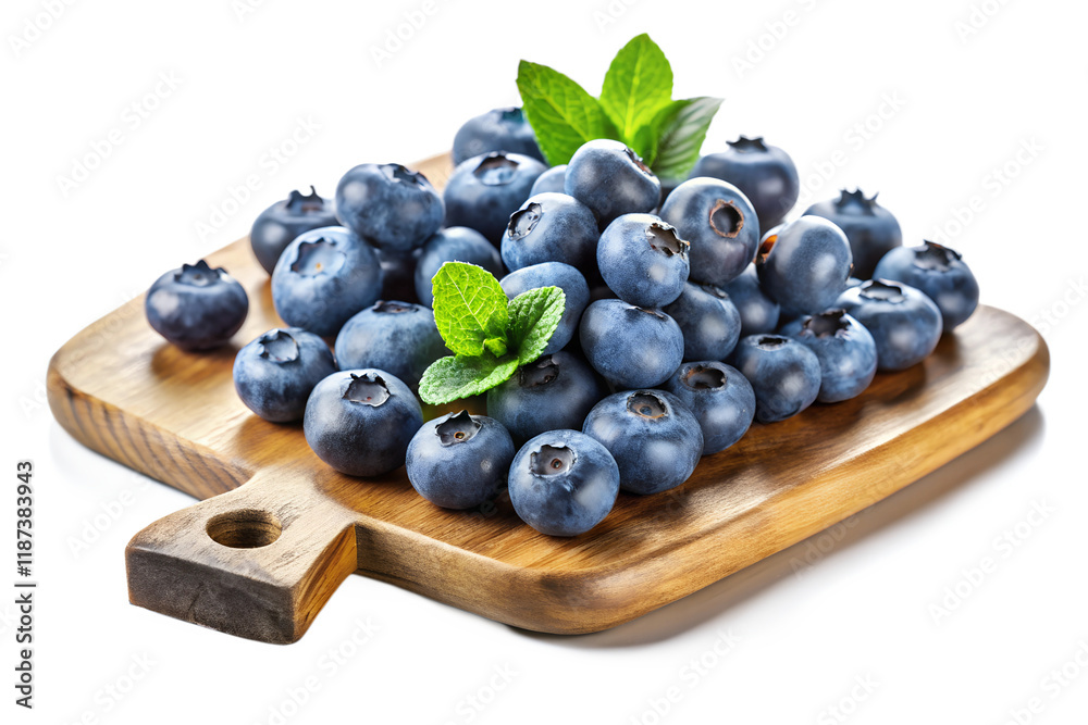Fresh Blueberries on Wooden Cutting Board - A pile of fresh, ripe blueberries with mint leaves arranged on a wooden cutting board, isolated on a white background.
Fresh Blueberries on Wooden Cutting Board - A pile of fresh, ripe blueberries with mint leaves arranged on a wooden cutting board, isolated on a white background.