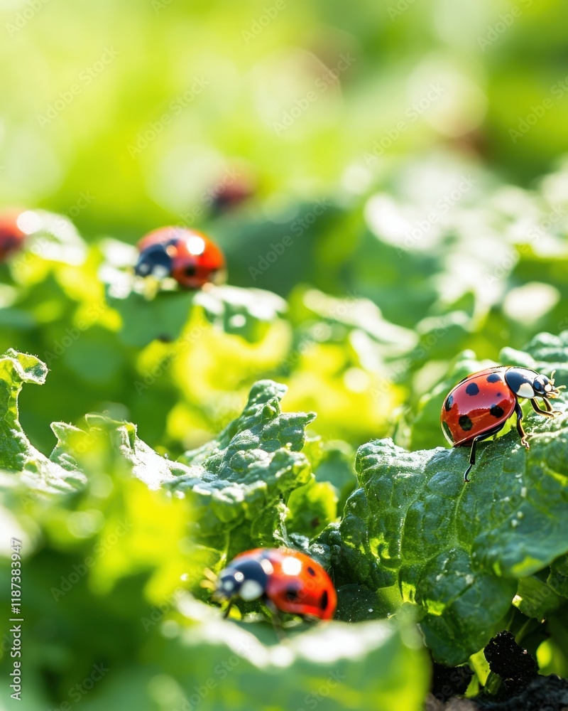 Cluster of ladybugs on leafy greens in natural sunlight. Cluster of ladybugs on leafy greens in natural sunlight.