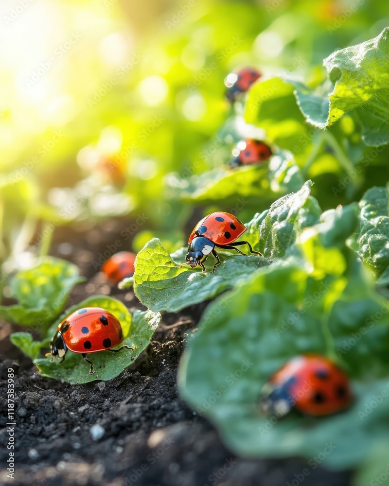 Obraz premium Ladybugs crawling on fresh lettuce leaves in golden sunlight.