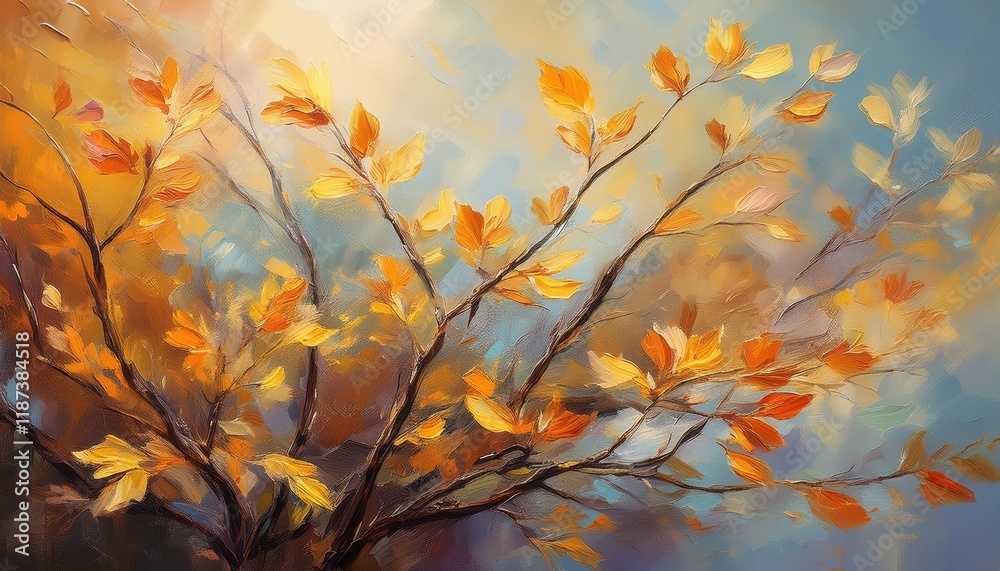 Vivid Oil Painting Branches and Leaves on Canvas, Showcasing the Beauty of Autumn with Rich Fall Colors and Textures Vivid Oil Painting Branches and Leaves on Canvas, Showcasing the Beauty of Autumn with Rich Fall Colors and Textures