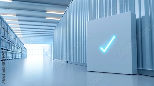 Modern space featuring a glowing checkmark on a wall in a warehouse.