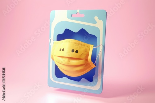 A cheerful yellow face mask displayed on a vibrant blue and pink background. photo