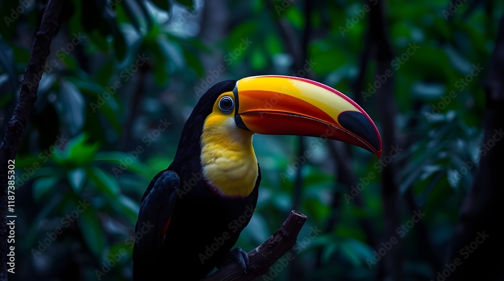 Toucan on a branch, iridescent colors under soft light. Diffused shadows, subtle illumination, iridescent reflections on the beak and feathers. Lush green forest background Toucan on a branch, iridescent colors under soft light. Diffused shadows, subtle illumination, iridescent reflections on the beak and feathers. Lush green forest background