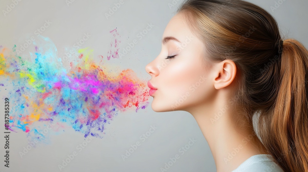 Fototapeta premium Woman exhaling colorful particles.