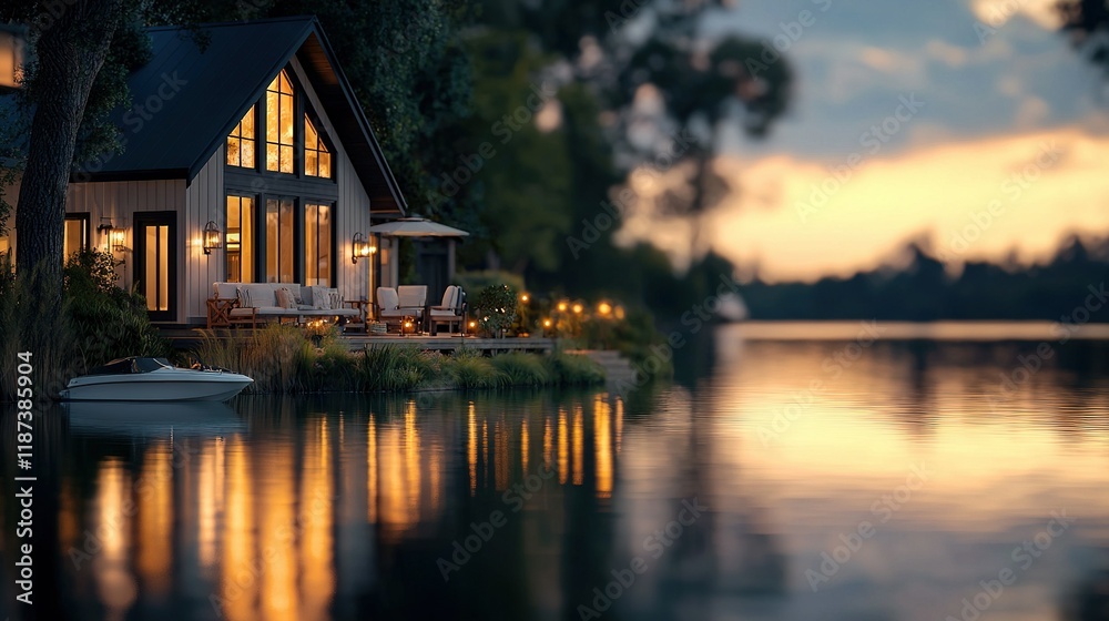 A house by a lake with boats in the foreground A house by a lake with boats in the foreground