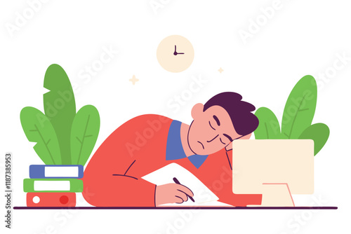 Male employee napping at his desk, surrounded by stacks of paperwork and computer screen. Vector flat illustration