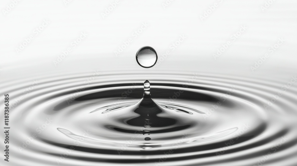 Black & white image of water droplet on surface of body of water with ripples Black & white image of water droplet on surface of body of water with ripples