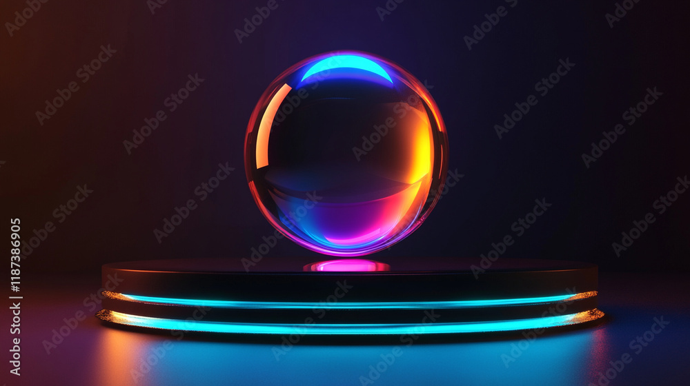 A 3D design of a levitating crystal orb, refracting vibrant light, placed above a sleek black platform with glowing edges. A 3D design of a levitating crystal orb, refracting vibrant light, placed above a sleek black platform with glowing edges.