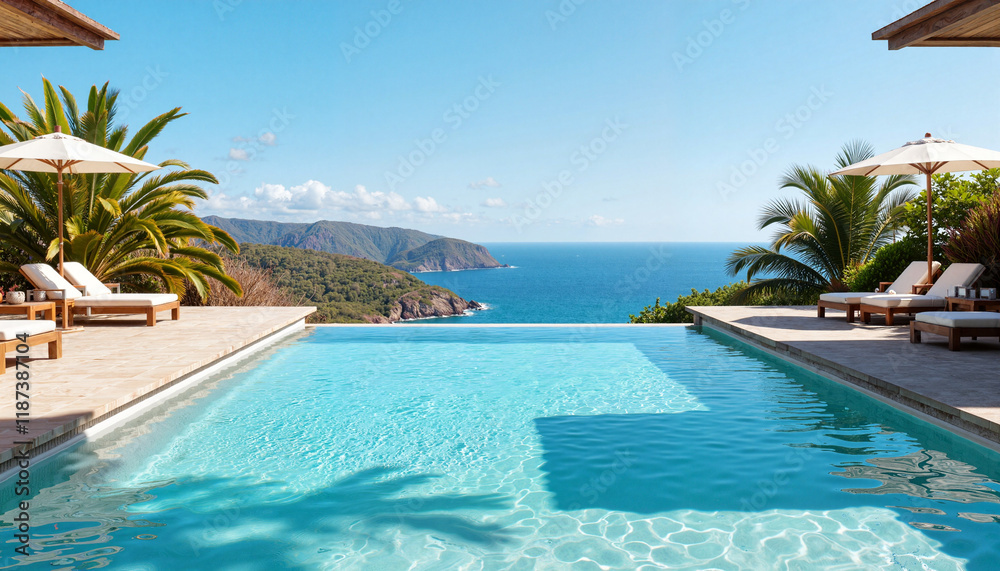 Fototapeta premium Stunning infinity pool overlooking ocean view, wellness retreat concept