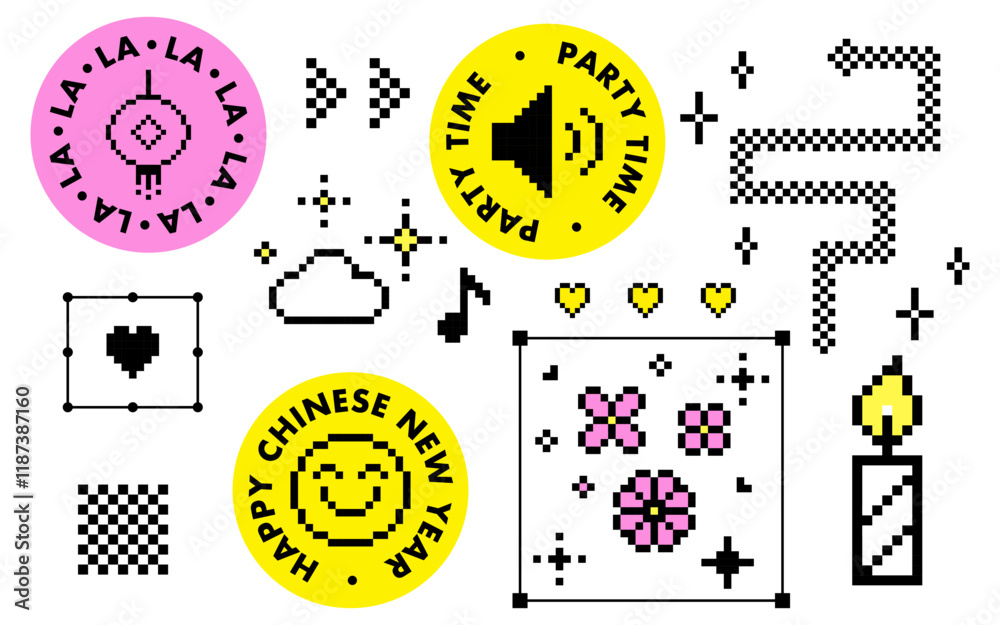 Y2k pixel art sticker set for Chinese New Year in retro 90s. Geometric shape for collage, poster, stamp. Cherry blossom, lantern, snake icon. 8 bit retro style vector illustration. Cool badge element