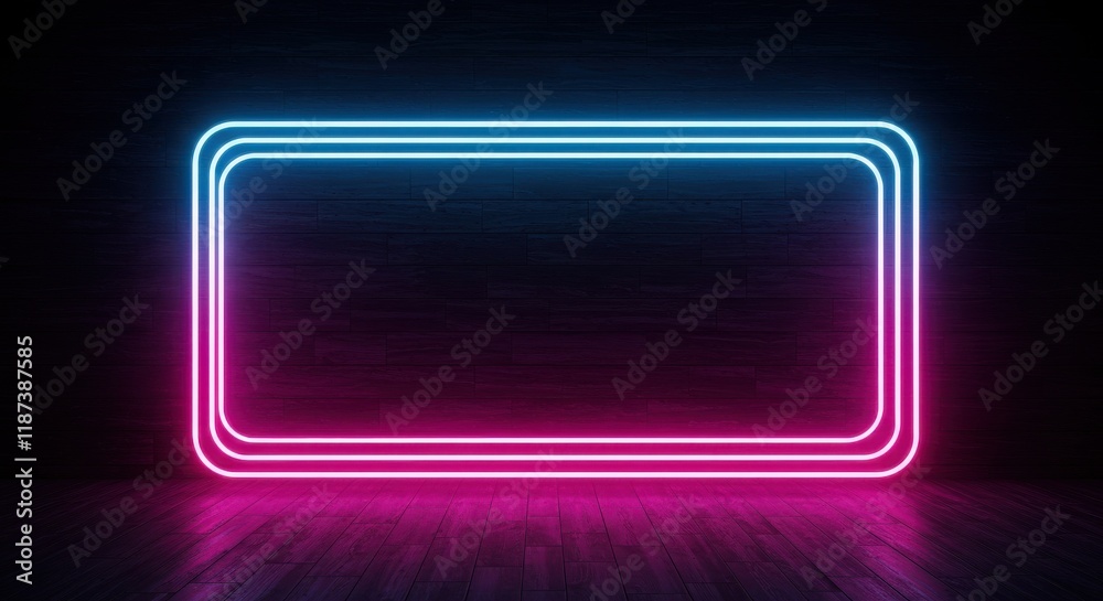 3D rendering exhibition background,Neon glowing rectangular frame with a futuristic dark background in vibrant pink and blue colors 3D rendering exhibition background,Neon glowing rectangular frame with a futuristic dark background in vibrant pink and blue colors