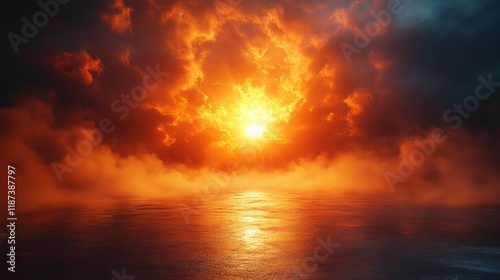A fiery sun is rising over a body of water, with a hazy, foggy atmosphere