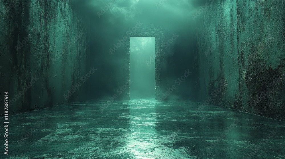 A dark, narrow tunnel with a large, open door A dark, narrow tunnel with a large, open door