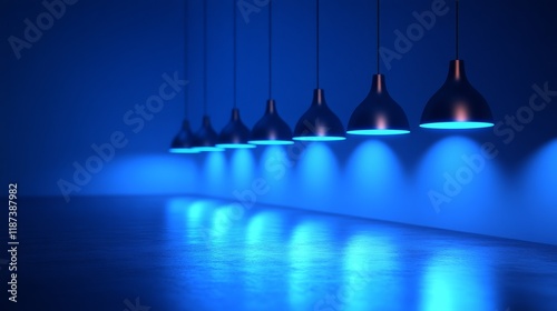 A blue room with a blue wall and blue lights hanging from the ceiling