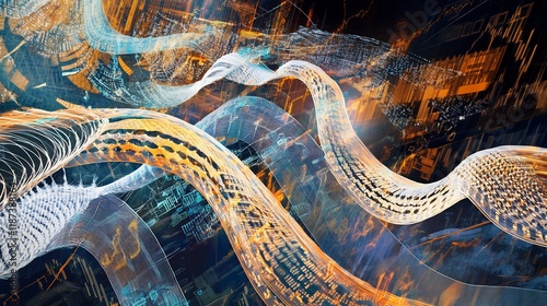 Artistic representation of trade cycle featuring interwoven patterns symbolizing phases of economic expansion contraction