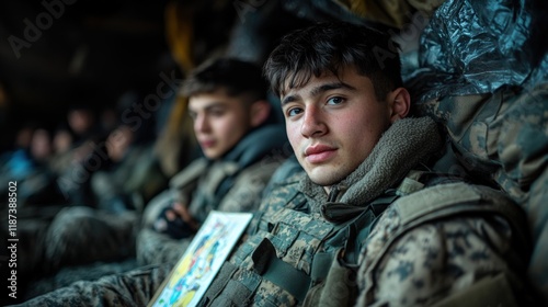 Soldiers Resting Indoors While Planning Their Next Mission in a Military Setting Generative AI