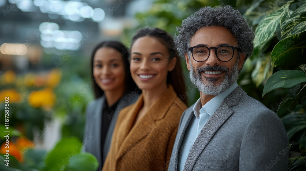 Confident Team Portrait: Diverse Professionals Smiling in a Modern Greenhouse Setting, a Symbol of Growth and Success Confident Team Portrait: Diverse Professionals Smiling in a Modern Greenhouse Setting, a Symbol of Growth and Success