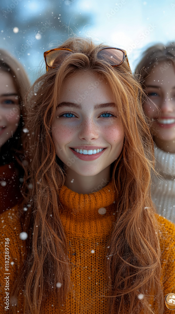 Fototapeta premium Portrait of a smiling redhead woman with freckles in a winter setting, wearing a warm orange sweater with friends in the background