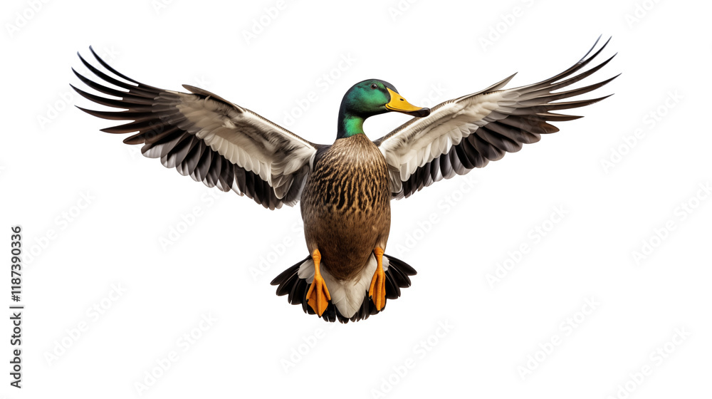 Obraz premium Majestic Mallard Duck in Flight, Wings Spread Wide