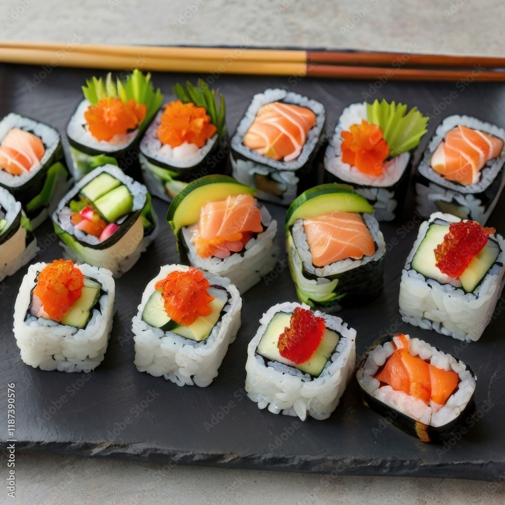 Japanese cuisine, traditional rolls with salmon and avocado Japanese cuisine, traditional rolls with salmon and avocado