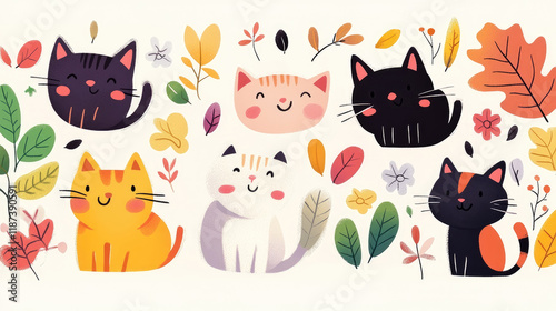 Adorable Kittens Amidst Autumn Leaves: A Delightful Illustration Featuring Five Cute Cats Surrounded by Vibrant Fall Foliage and Blossoms, Perfect for Children's Books, Greeting Cards, or Home Decor