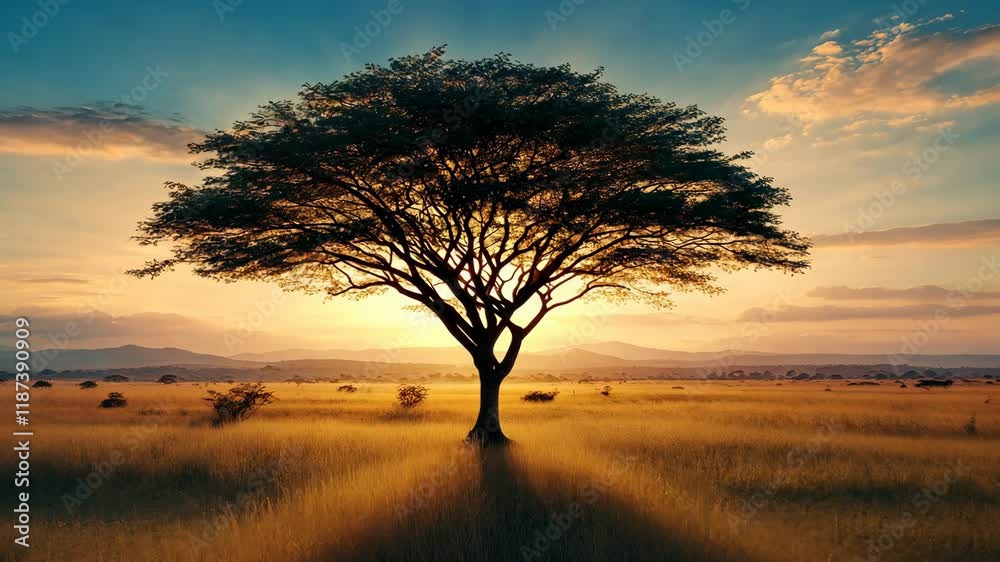 Majestic tree silhouetted against a vibrant sunset over a golden savanna landscape in Africa