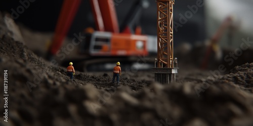 A detailed miniature scene depicting two construction workers at a site with a large crane in the background, showcasing the work environment and machinery used in construction.