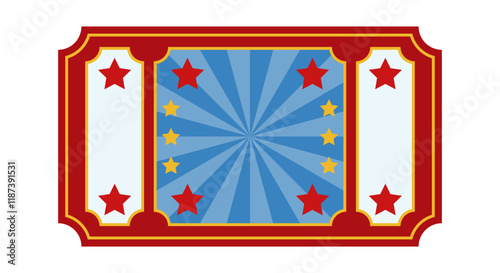 Retro ticket for entrance to carnival, circus, cinema, theater, casino, club. Vintage coupon or lottery ticket in flat style. Blue, red, gold, yellow colors. Vector illustration.