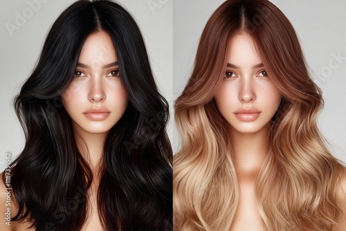 A woman before and after a hair color change, from dark to light shades, creating a fresh new look
