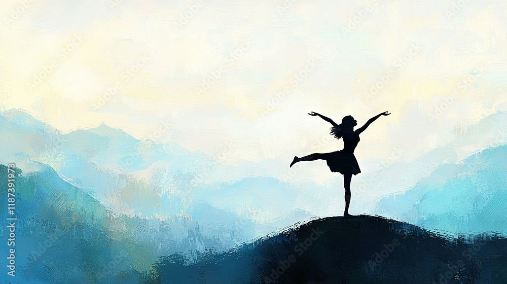 A woman stands atop a hill with her arms raised A woman stands atop a hill with her arms raised