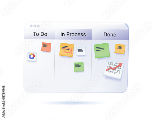 To do list, management, kanban board for planning and tracking work process 3D render. Task management, to do, in process, done columns with notes of business project, workflow organization. 3D vector