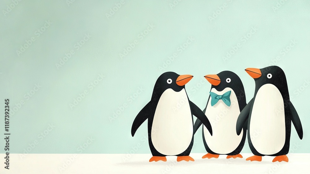 Fototapeta premium A trio of penguins perched atop a snow-capped terrain beside a blue background