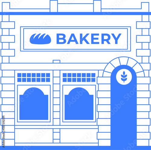 Bakery store building line art illustration. Isolated icon on white background. One color blue outline graphic. Local business infographic. Old vintage architecture of downtown. Editable stroke.