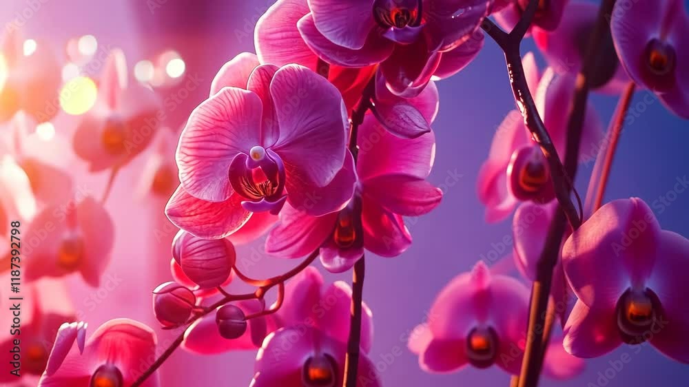 Beautiful pink orchids blooming in soft light with a dreamy background in a garden setting