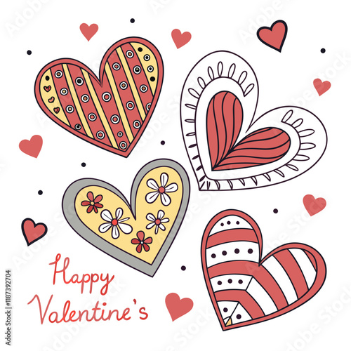 Colorful hearts with unique patterns and floral designs  Small scattered hearts and dots accompany the larger designs, with Happy Valentine's written in red.