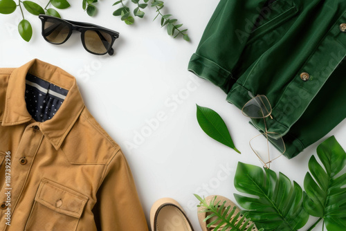 A flat lay featuring green and tan jackets, sunglasses, shoes, and vibrant green leaves on a white background, creating a stylish and natural aesthetic.
 photo