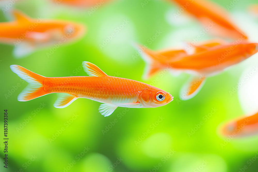 Fototapeta premium A vibrant underwater scene featuring a group of orange fish swimming gracefully against a blurred green background. The fish are lively and colorful, showcasing their scales and fins.