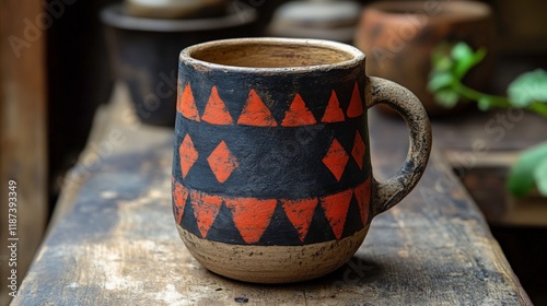 Ethnic-Style Hand-Painted Artisanal Clay Mug with Rustic Texture photo