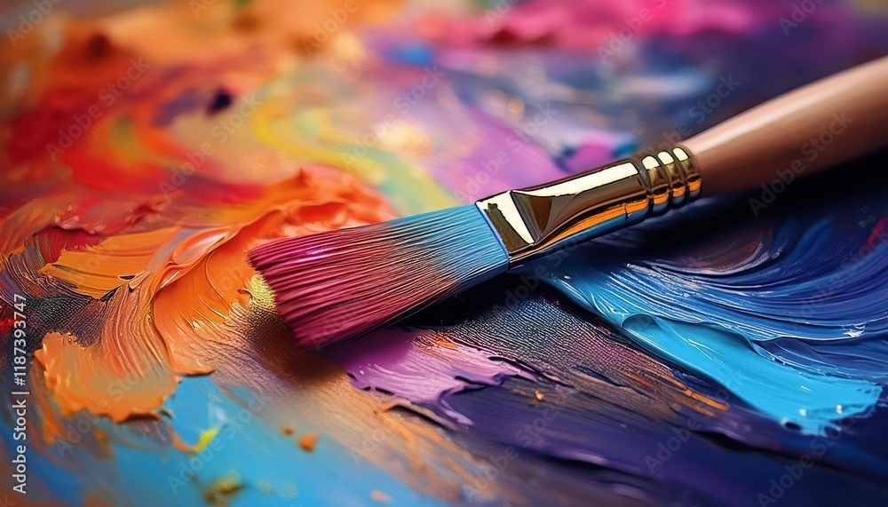 Detailed Closeup of a Brush on an Abstract Art Canvas Showcasing Textured Strokes and Rich Colors in a Vibrant Modern Painting Detailed Closeup of a Brush on an Abstract Art Canvas Showcasing Textured Strokes and Rich Colors in a Vibrant Modern Painting