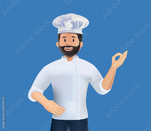 Portrait of handsome positive chef cook at the restaurant kitchen, 3D style. Elder confident man has cooking hat and uniform, shows ok gesture. Male professional. Vector 3D illustration in color