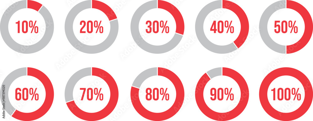 Percentage of infographics in sky blue. Circle load and circle progress collection. Set of circle percentage diagrams for infographics 0 10 20 20 30 40 50 60 60 70 80 90 100 percent in red.