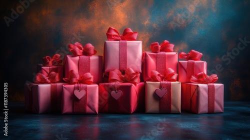 Romantic Valentine's Day gift boxes with red ribbons and heart decorations photo