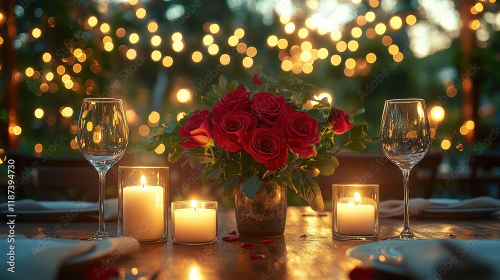 Romantic dinner setup with red roses, candles, and elegant wine glasses Romantic dinner setup with red roses, candles, and elegant wine glasses