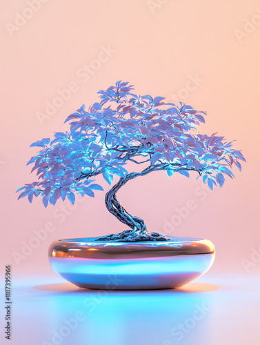 A single futuristic bonsai tree with neon blue leaves in a metal pot