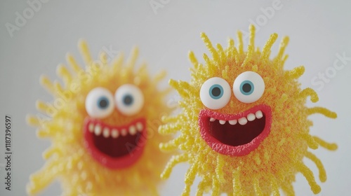 Bright cheerful microbes with delighted expressions enjoying their surroundings in a playful and colorful environment. Generative AI